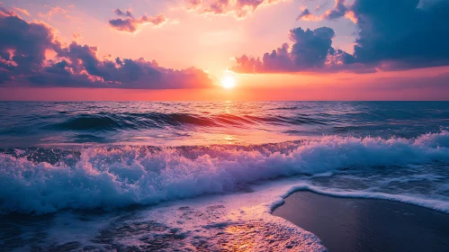 Seascape at Sunset with Pink Clouds