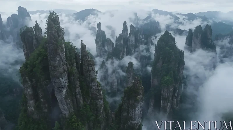 Foggy Mountain Landscape with Rock Pillars AI Image