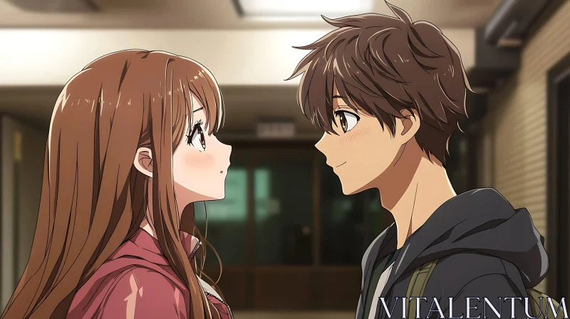 Tender Eye Contact in Anime Hallway Scene AI Image