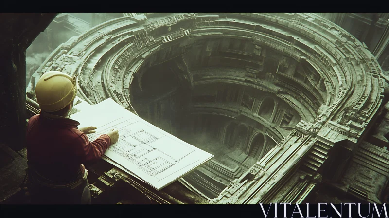 Engineer Reviewing Plans of Grand Architectural Structure AI Image