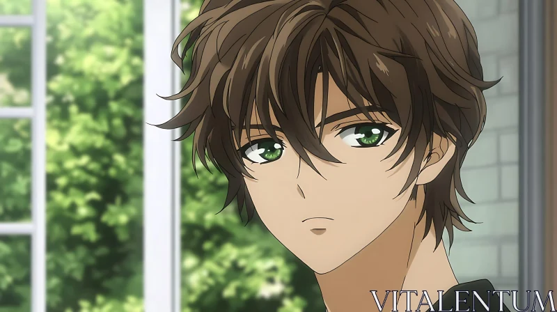 Green-Eyed Anime Male Character with Brown Hair AI Image