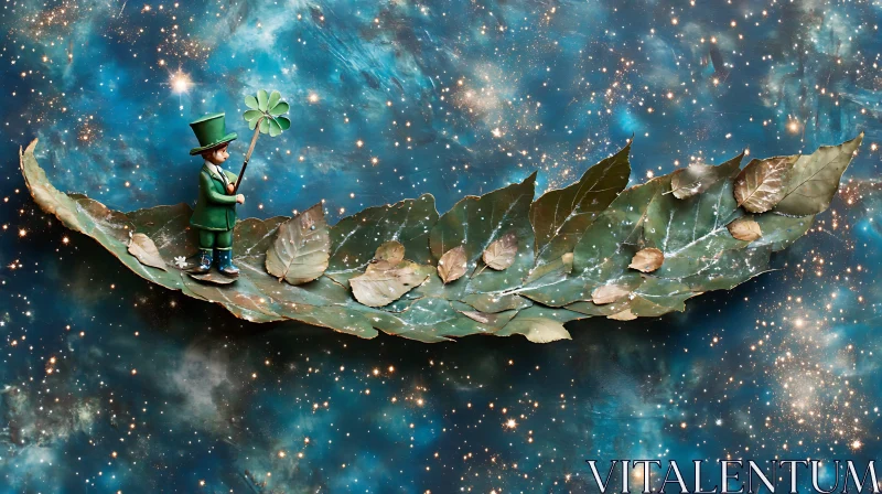 AI ART Leprechaun's Celestial Voyage on Leaf Boat