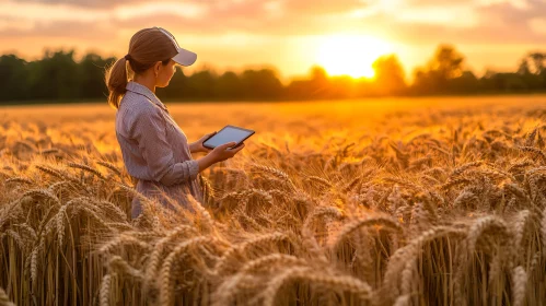 Woman in Wheat Field at Sunset