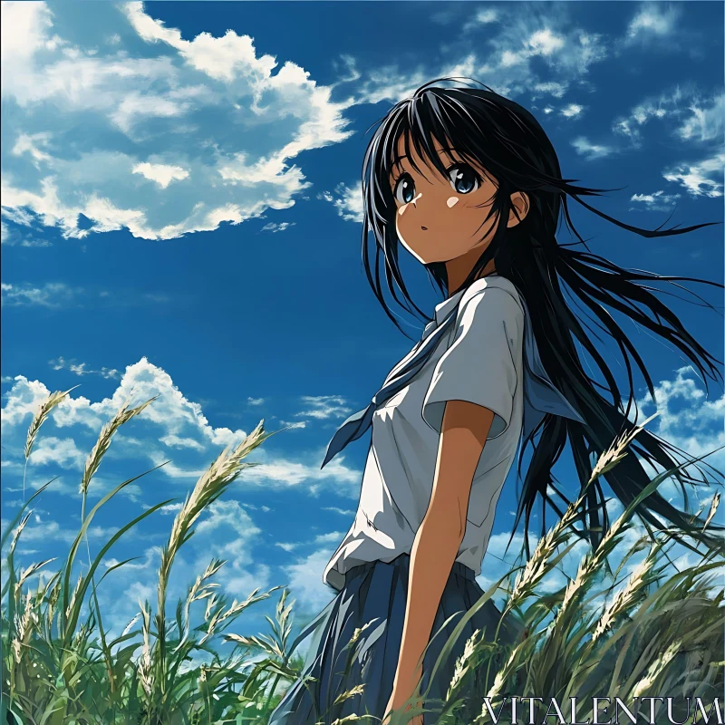 Anime Girl in Grass Field AI Image