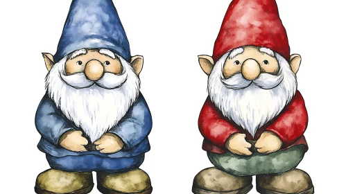 Whimsical Gnomes Watercolor Illustration