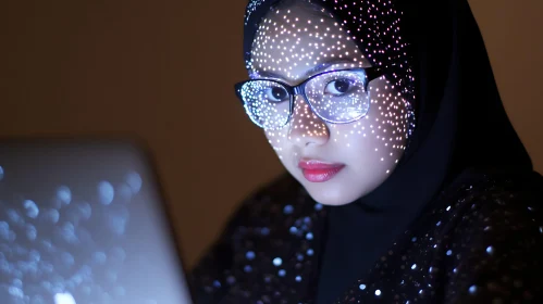 Illuminated Woman Working on Laptop