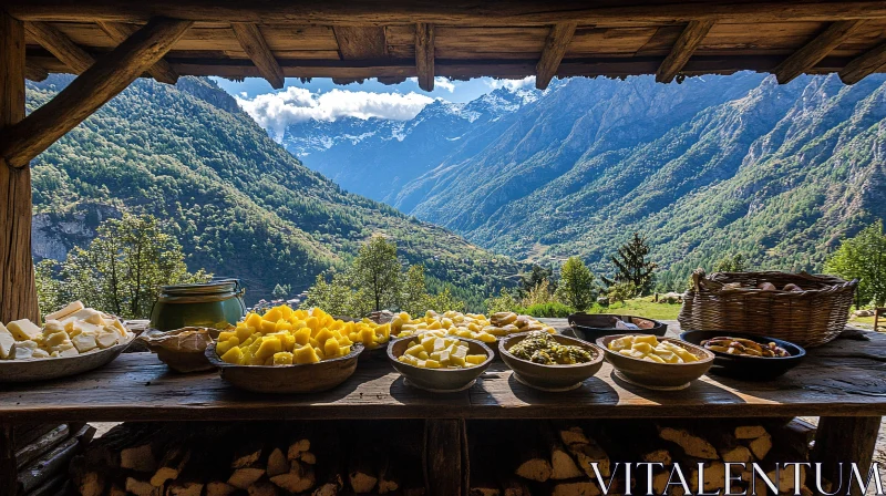 Rustic Dining with Mountain Scenery AI Image