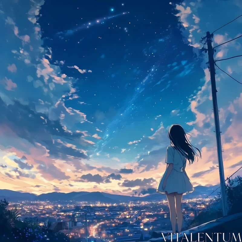 Starry Night Over City in Anime Style AI Image