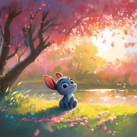 Whimsical Rabbit Scene with Pink Blossoms