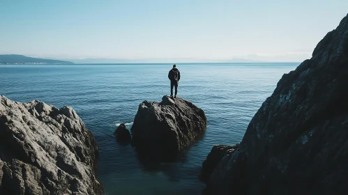 Coastal Solitude: Man on Rock Outcrop