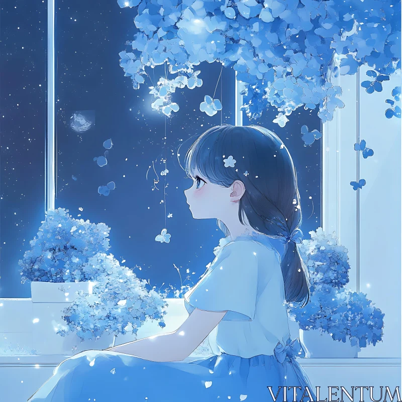 Contemplative Anime Scene with Starry Night AI Image