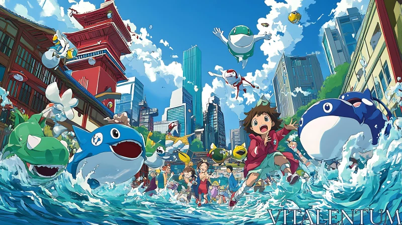 Playful Anime Characters in Urban Water Adventure AI Image