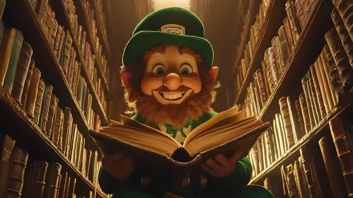 Enchanted Leprechaun Reading in Ancient Library