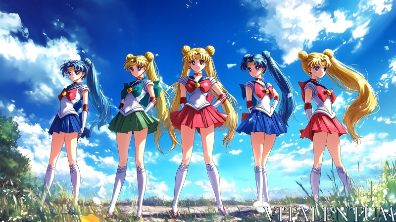 Anime Group in Sailor Outfits in Nature AI Image