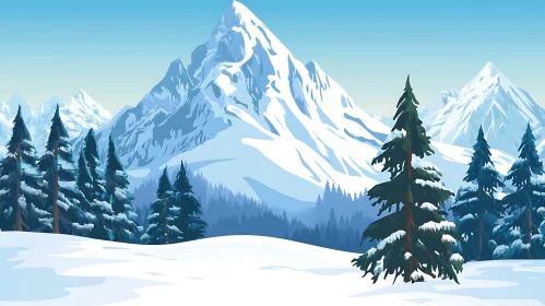 Snowy Mountain Scene with Evergreen Trees