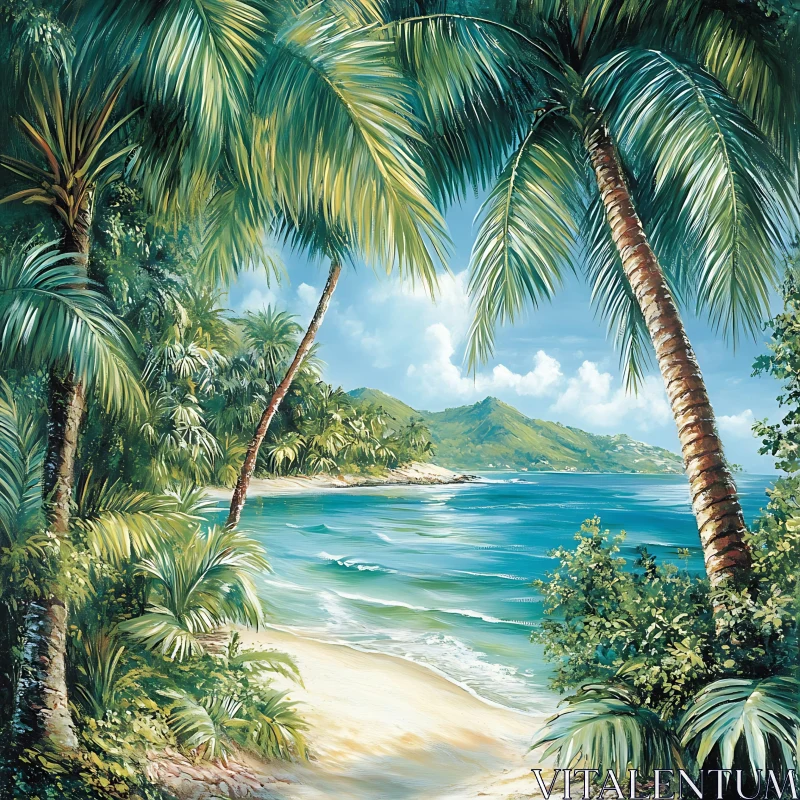 AI ART Seascape with Palm Trees and Sandy Beach