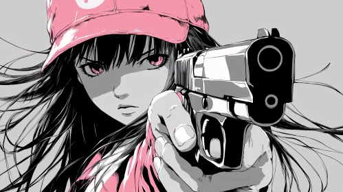 Anime Artwork of Girl with Gun and Pink Hat