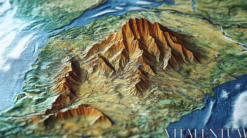 AI ART Textured Relief Map of Mountainous Terrain