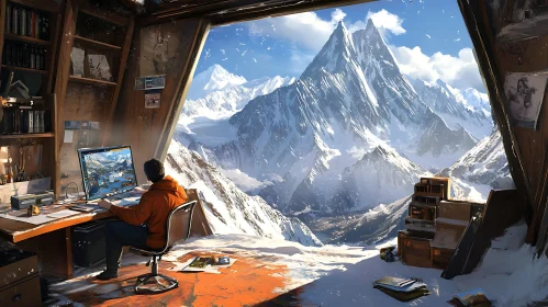 Cabin Workspace with Snowy Mountain Scenery