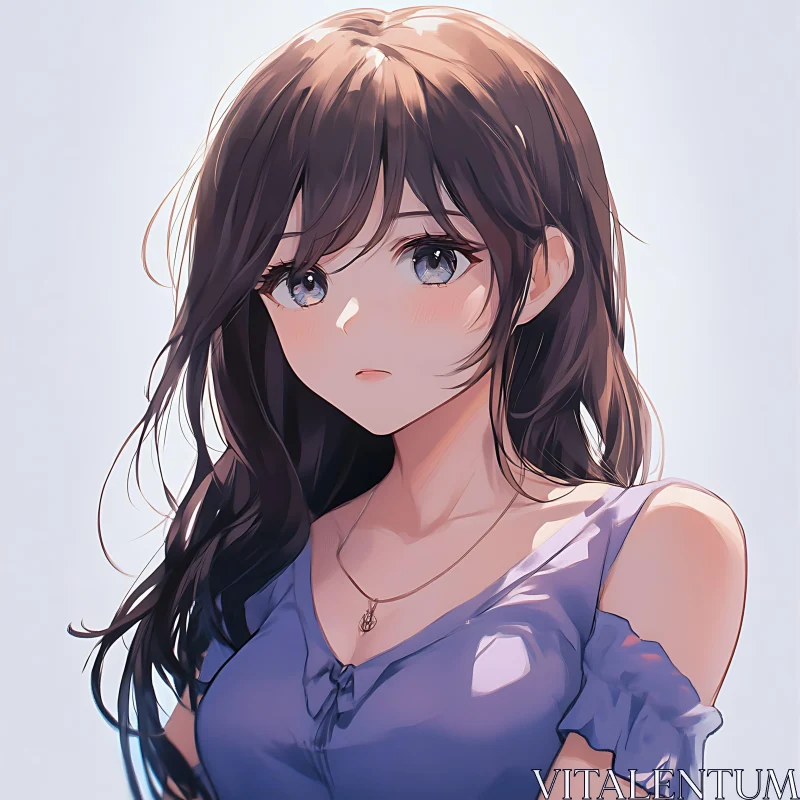 Serene Anime Girl with Necklace and Blue Dress AI Image