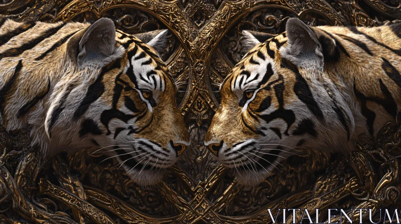 AI ART Symmetrical Tigers with Golden Ornament