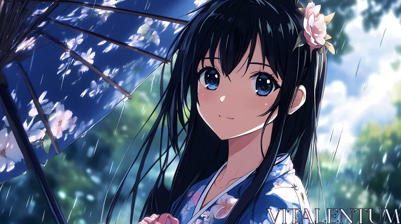 AI ART Anime Beauty in Rain with Blue Floral Umbrella