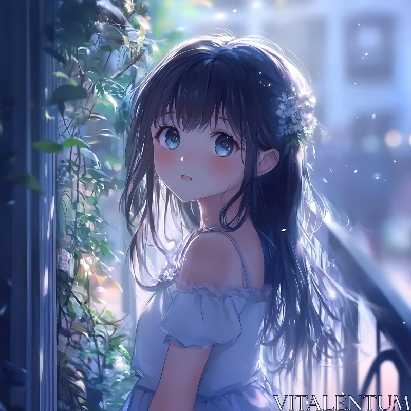 Beautiful Anime Girl with Flowers and Night Lights AI Image