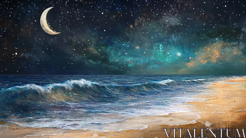 Starry Night Seascape with Gentle Waves AI Image