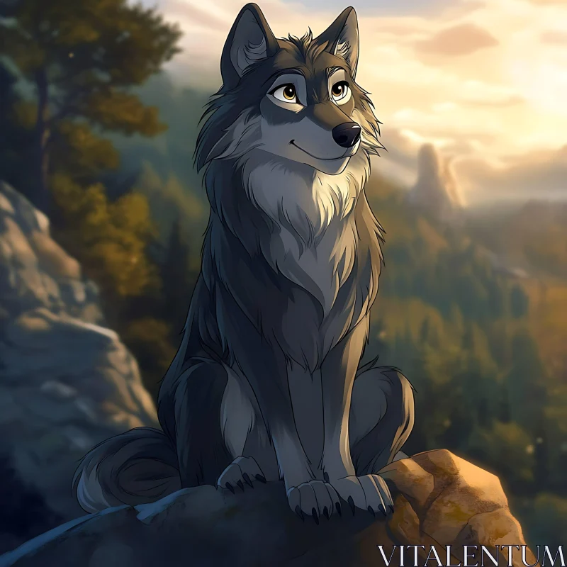 AI ART Wolf on Rock in Forest Scenery