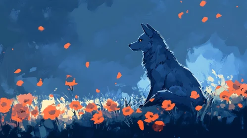 Blue Wolf Among Orange Blooms