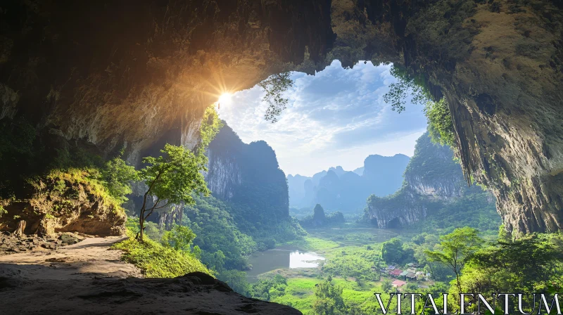 Cave Opening to Lush Green Valley AI Image