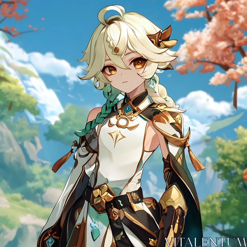 Golden-Eyed Anime Hero in Blooming Scenery AI Image