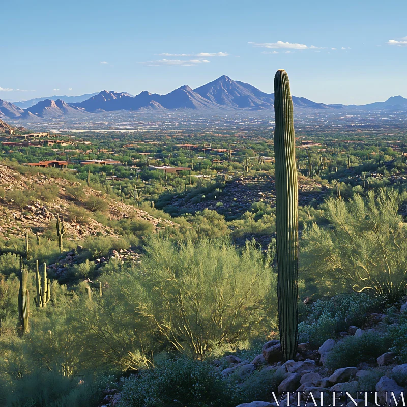 Desert Vista with Cactus and Mountains AI Image