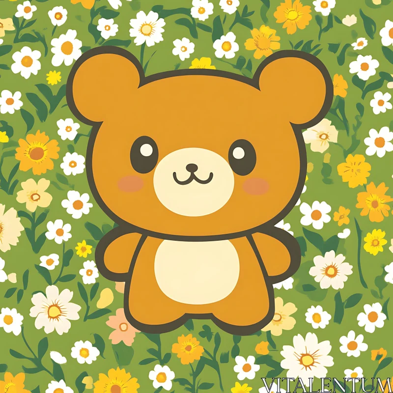 Charming Bear Illustration with Floral Background AI Image