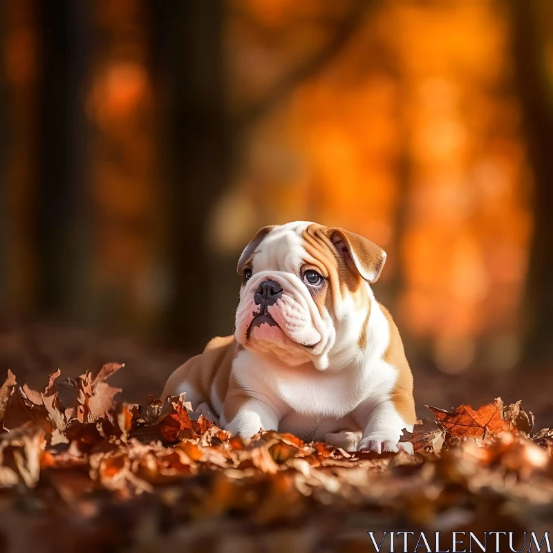 Cute Bulldog in Fall Forest AI Image