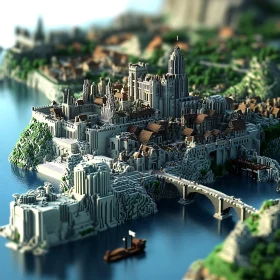 Fantasy Medieval Waterfront City with Boat