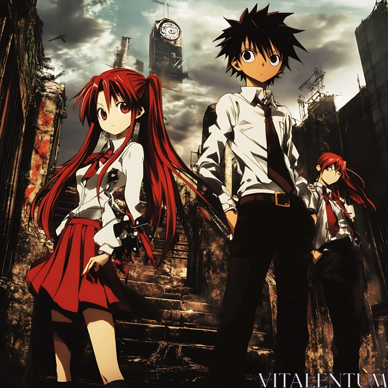 Anime Characters in a Post-Apocalyptic Urban Ruin