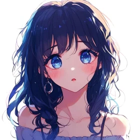 Anime Girl With Dark Curly Hair and Blue Eyes