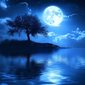 Night Scene with Tree and Moon Reflection