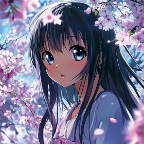 Anime Girl Surrounded by Blossoming Cherry Trees