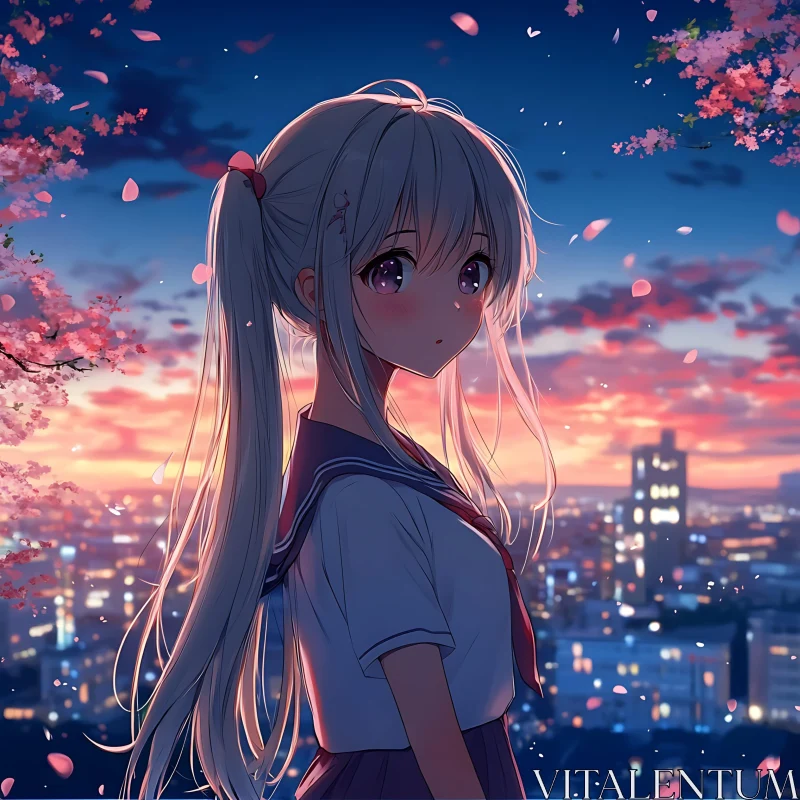 Anime Girl at Sunset with Blossoms and Skyline