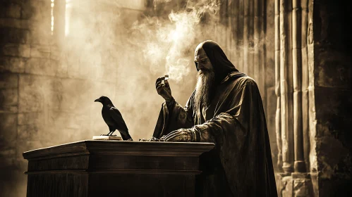 Hooded Figure with Raven and Smoke