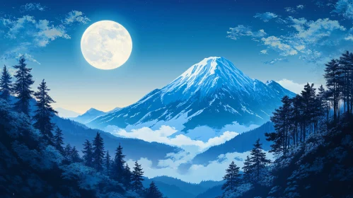 Tranquil Mountain Under Moonlight Painting