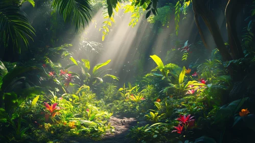 Sunlit Tropical Foliage in Dense Forest