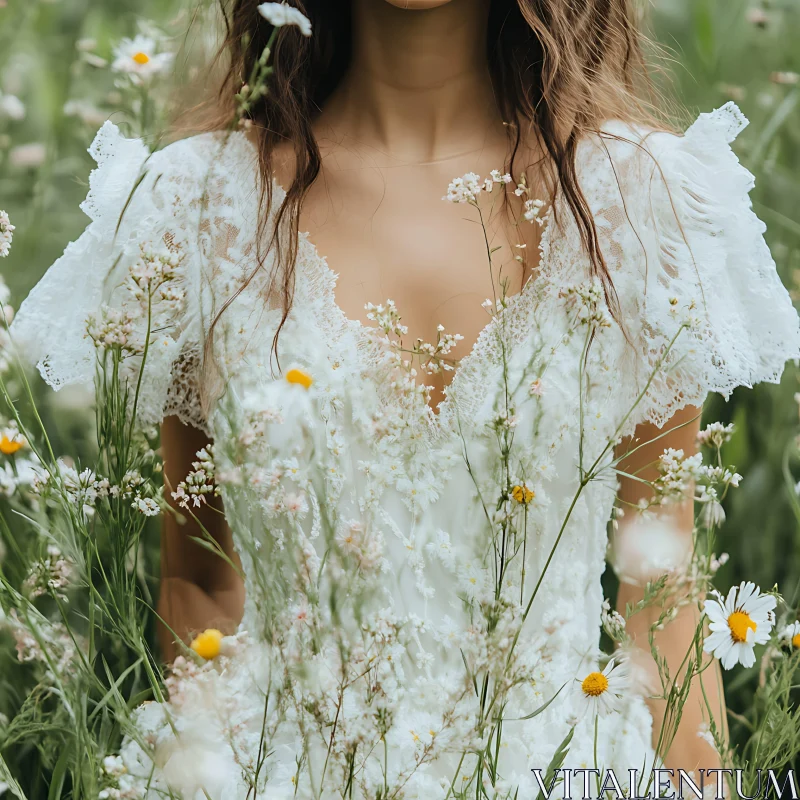 Woman in White Dress Among Daisies