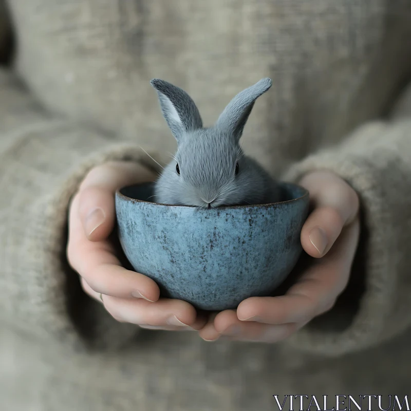 Tiny Rabbit in Blue Ceramic Bowl