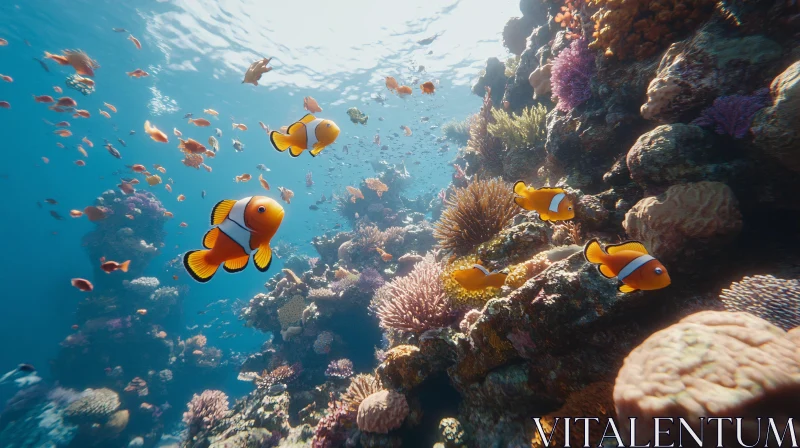 Underwater world with clownfish and corals