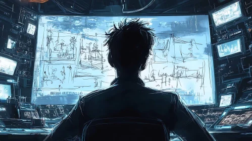 Silhouette Analyzing Data on a Screen