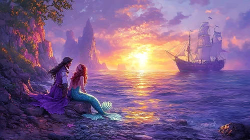 Romantic Seascape with Mermaid and Sailor