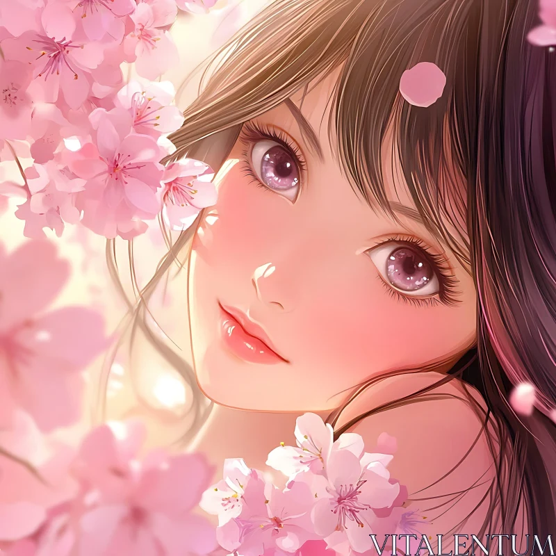 Delicate Anime Art of Girl with Cherry Blossoms AI Image